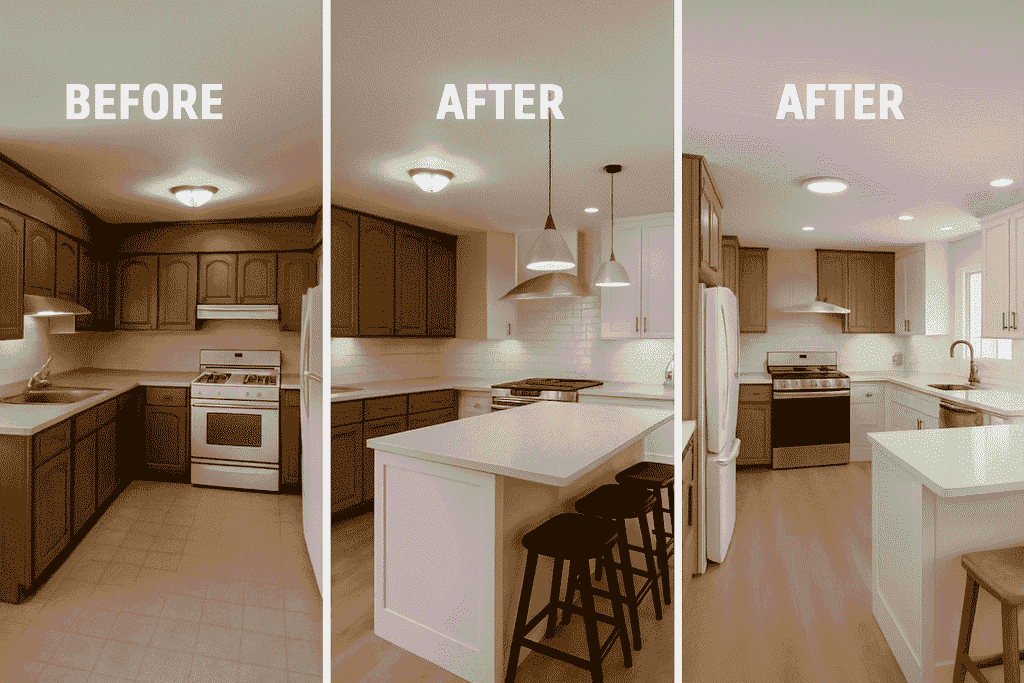Before & After: 3 Stunning Kitchen Remodeling Transformations by 5th Level Contracting Side-by-side comparison of a kitchen before and after remodeling in a Mississauga home by 5th Level Contracting
