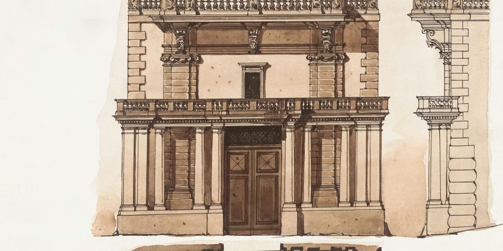 a drawing of a building with two benches in front of it